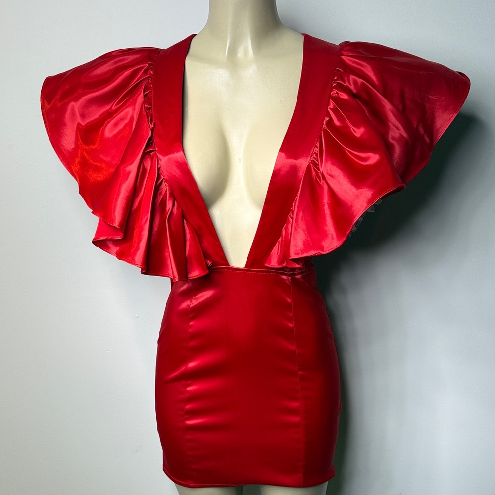 AKIRA Red Satin Ruffle Sleeve Mini Dress